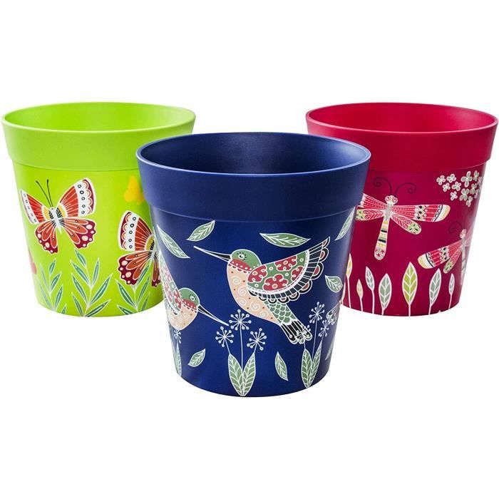 3 Pots De Fleurs HUM 22cm | Motif Maroc Bleu | Plastique Résistant | Intérieur/Extérieur | Drainage Optionnel