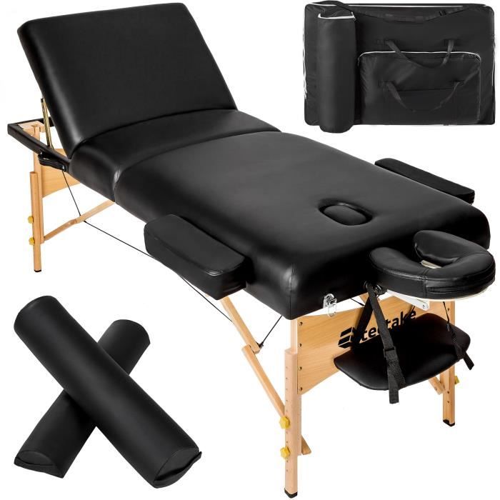 Ensemble de table de massage à 3 zones Somwang avec rembourrage de 7,5 cm d’épaisseur, rouleaux et cadre en bois - noir