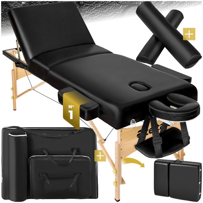 Ensemble de table de massage à 3 zones Somwang avec rembourrage de 7,5 cm d’épaisseur, rouleaux et cadre en bois - noir