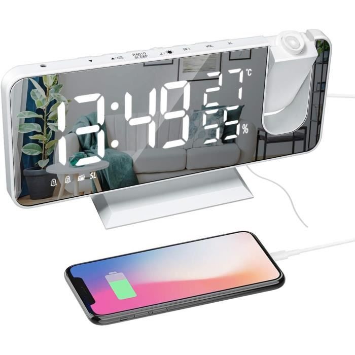 Réveil, projecteur d'horloge chambre à coucher, avec écran LED 6'' Thermomètre d'intérieur, radio FM, variateur 4 niveaux, port de charge USB, projecteur rotatif à 180° Bleu