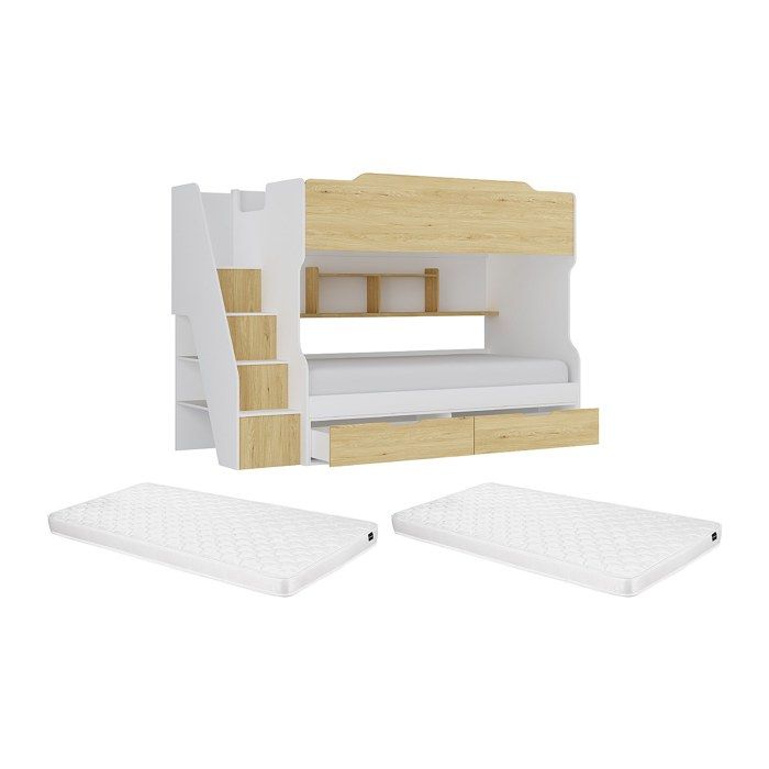 Lit superposé 90 x 190 cm - Avec rangements - Blanc et naturel + Matelas - YALOVA