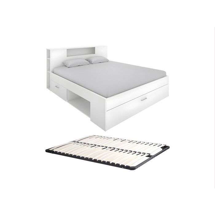 Lit avec tête de lit rangements et tiroirs - 140 x 190 cm - Coloris : Blanc + Sommier - LEANDRE
