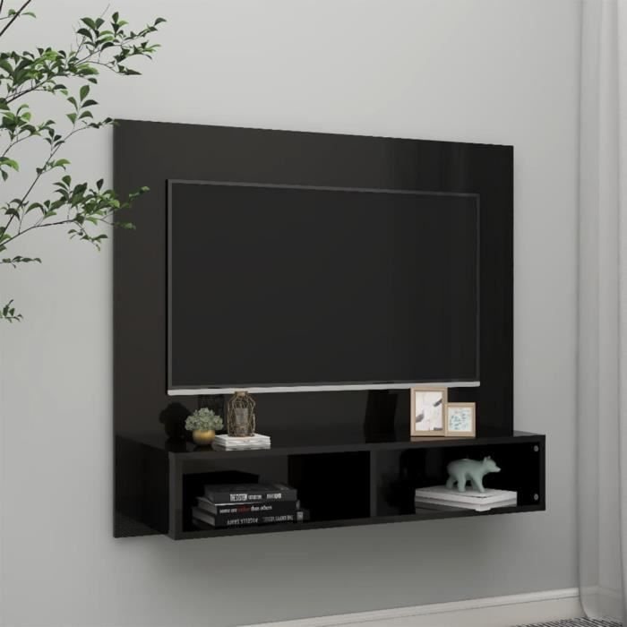 meuble tv mural - vingvo - noir brillant - porte(s) - 35 cm - contemporain - 102x23,5x90 cm