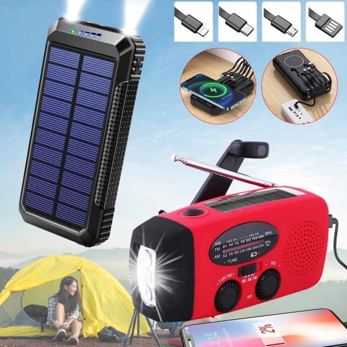 Batterie Externe Solaire 20000mAh - 4 Panneaux Solaires - PD 15W - Lampe LED - Pour Camping, Randonnée