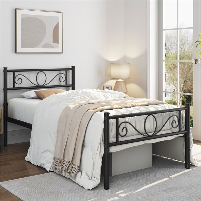 Cadre de Lit Simple en métal 90 x190 cm pour 1 personnes structure de lit à Lattes Surface de Couchage Chambre Noir YAHEETECH