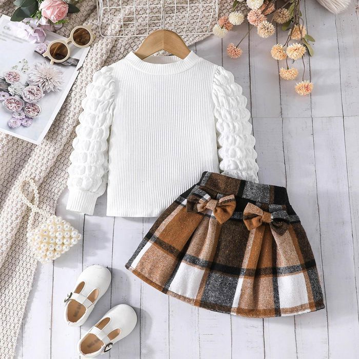 Ensemble Fille 1-7 Ans - Pull Manches Longues Et Jupe Courte à Carreaux Avec Ceinture Et Béret - Printemps/Automne - 3