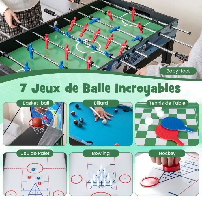 COSTWAY Table 6-en-1 Baby-Foot + Billard + Hockey + Bowling + Basket – 91,5x46x129,5 Cm – Pieds Réglables – Plateau Empilable