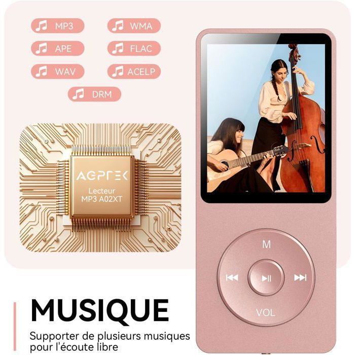 Lecteur MP3 32 Go avec Bluetooth 5.3 Super léger 30 g autonomie jusqu'à 80 h