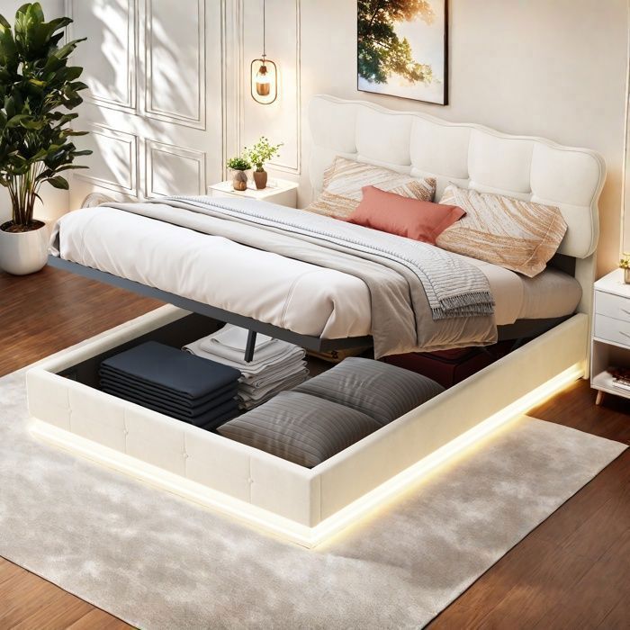 Lit Coffre Double 140x190 Cm En Velours Beige - Tête De Lit Capitonnée Avec LED Et Lampes USB - Sommier Lattes, Rangement Hydraulique - Design Moderne