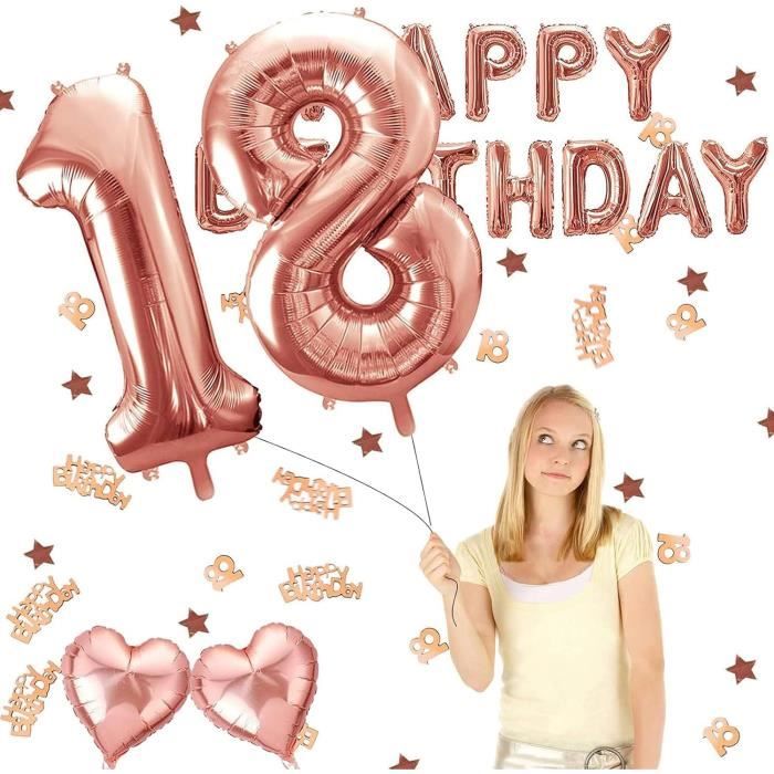 Décoration de 18e anniversaire pour filles – Ballons or rose, bannière « Happy Banner », ballons en aluminium et confettis pour fête de femme