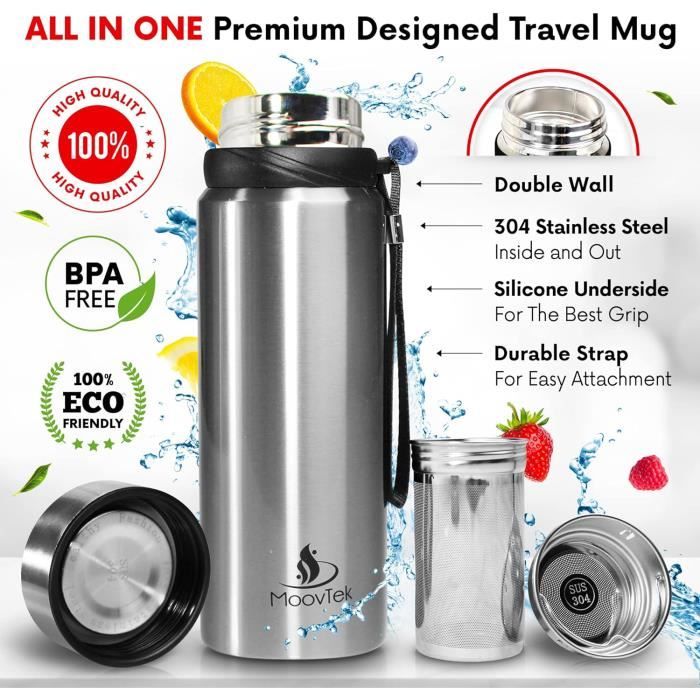 Bouteille infuseur à thé et tasse double paroi en acier inoxydable 304 - Thermos thé avec infuseur 600 ml avec filtre extra-long. Profitez de votre thé parfait, où que vous soyez. (Vert