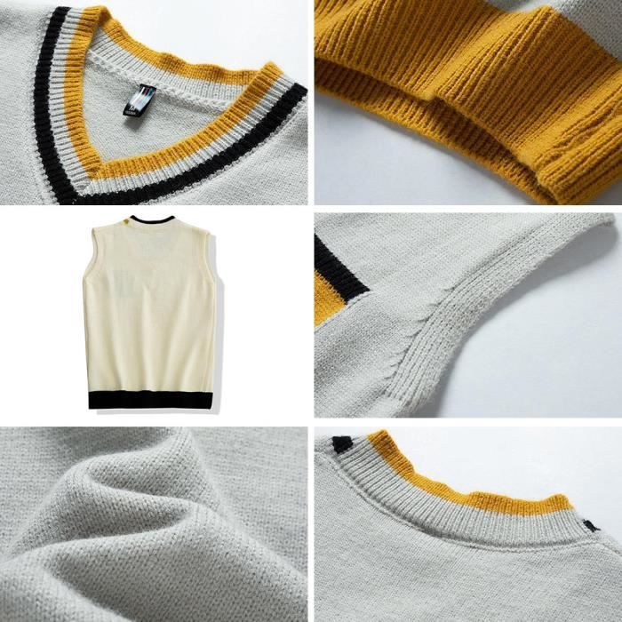 Gilet Carreaux Homme En Tricot Sans Manches Pullover Elegant Col V Automne Hiver Gris