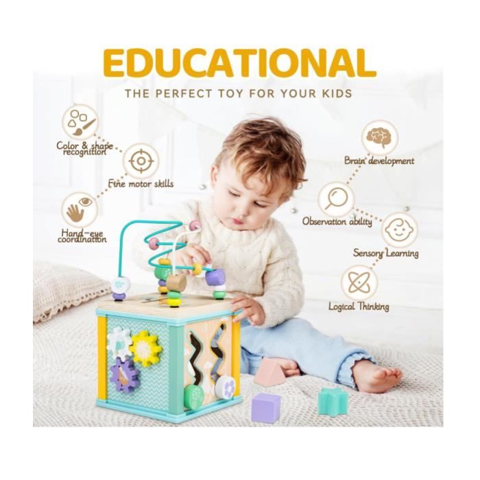 Cube D’Activités En Bois 6 En 1 – Jouet Éducatif Multifonction – Trieur De Formes, Labyrinthe, Horloge, Boulier, Puzzle – Pour Bébés Et Enfants 1-6 Ans – Cadeau Idéal Fille Garçon