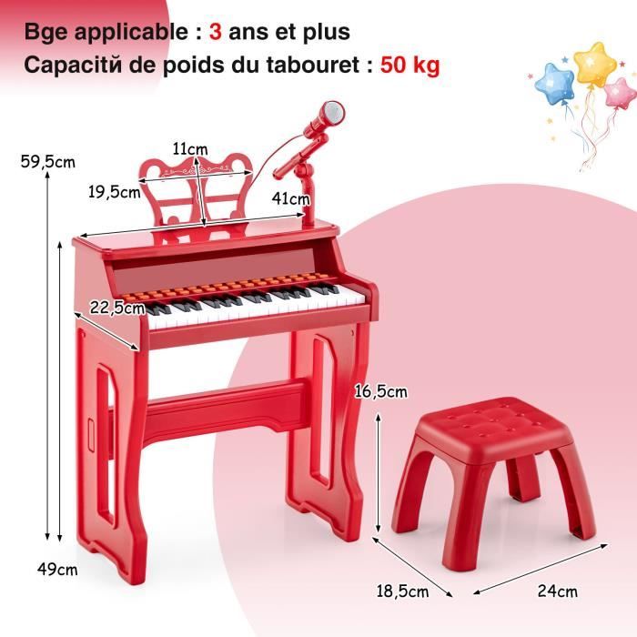 Piano pour Enfants de 3+ Ans avec 31 Touches Tabouret Microphone Effets  Lumineux 8 Tonalités 7 Rythmes 45x23x45cm Bleu - Costway