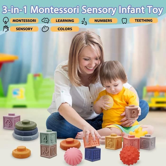 Jeux de Bébé Montessori 6 mois - 3 ans 4 en 1 Anneaux Empilables en Cube  Souple Jeux de Corde à Tirer Jouets éducatifs Sensoriel