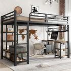 SEYAKANY Lit mezzanine avec bureau et rangements, sommier à lattes robuste, échelle 4 marches, fer + panneaux de particules, noir, 120x200