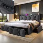DANS LES NUAGES Lit adulte 160x200 cm avec chargement USB et 4 tiroirs, lit double avec sommier à lattes, tissu en lin, gris