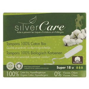 TAMPON HYGIÉNIQUE Silver Care Tampon en Coton Super Bio 18 unités