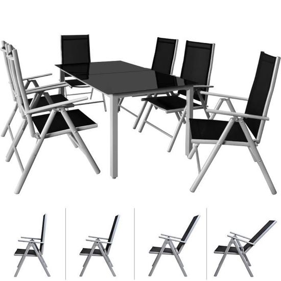 Salon de jardin Bern 7 pièces Gris clair noir Ensemble table chaises en alu
