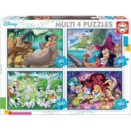 4 Puzzles Disney : 50 - 80 - 100 - 150 Pieces - Livre De La Jungle - Peter Pan - 101 Dalmatiens - Alice Au Pays Des Merveilles