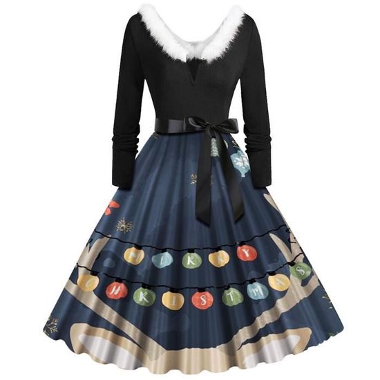 Robe De Noël Femme Chic - Col Carré Manches Longues - Style Vintage Rétro - Pour Soirée Cocktail Ou Cérémonie
