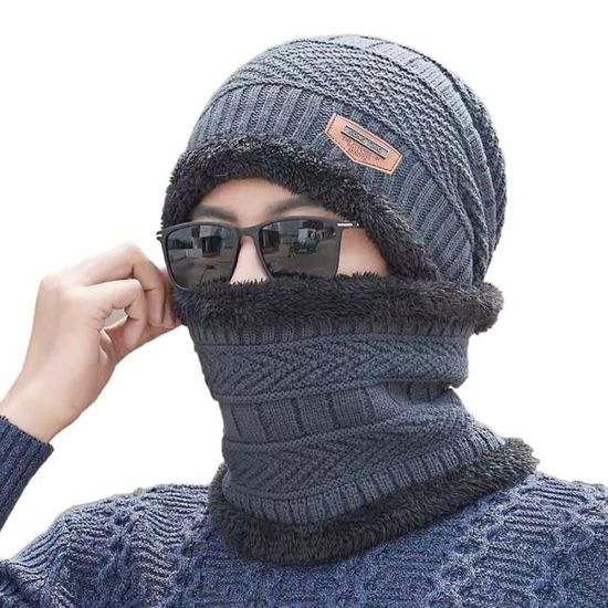 Bonnet d'hiver pour homme, bonnet tricoté chaud et écharpe avec doublure  polaire. Zwart