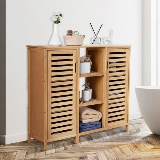 Armoire Salle De Bain En Bambou AD.CON - 170x66x23 Cm, étagères Réglables, Design Naturel, Pour Machine à Laver - 5