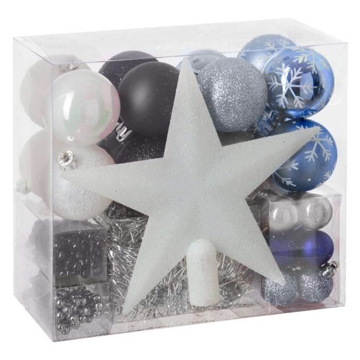 Lot déco Noël, Kit 44 pièces pour décoration sapin : Guirlandes, Boules et Cimier - Couleur: Blanc, Gris Argent, Noir et Bleu Nuit