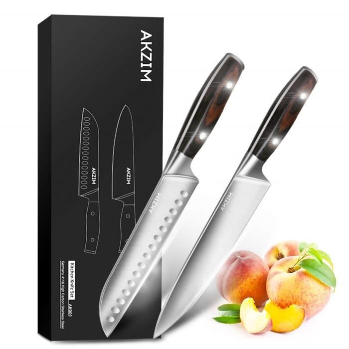Akzim Lot de couteaux de cuisine, 2 pièces couteau de chef-couteau Santoku avec poignée ergonomique, tranchantes résistant à la c