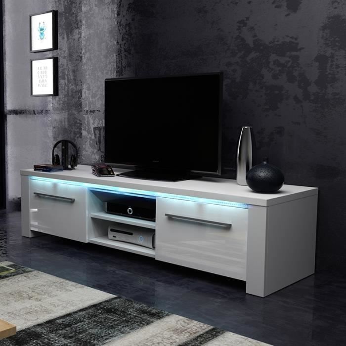 Meuble TV / Meuble salon - MESSA - 140 cm - blanc mat / blanc brillant - avec LED bleue - style moderne - très fonctionnel