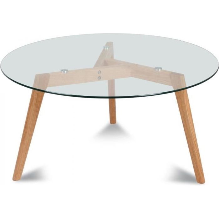 Table basse ronde scandinave verre et chêne