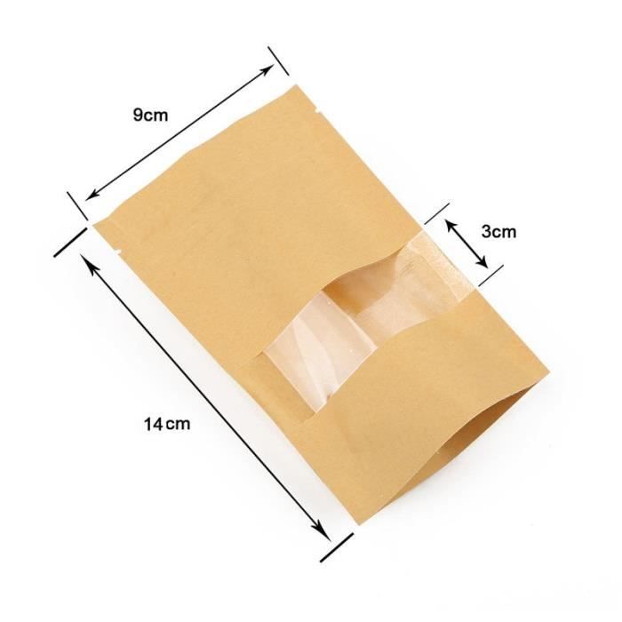 9x14cm -Sacs en papier Kraft auto scellants avec fenêtre, sacs debout à fermeture éclair refermables pour sacs d'emballage alimen