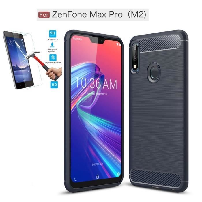 Asus Zenfone Max Pro M2 ZB631KL Carbone Bleu + Film Verre Trempé Coque Housse Etui En Silicone Gel Souple hfs-house®