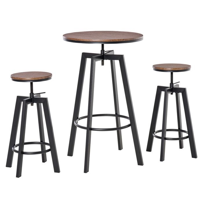 Ensemble table de bar design industriel + 2 tabourets hauteur réglable MDF coloris bois noyer acier noir 180x67x105cm Marron