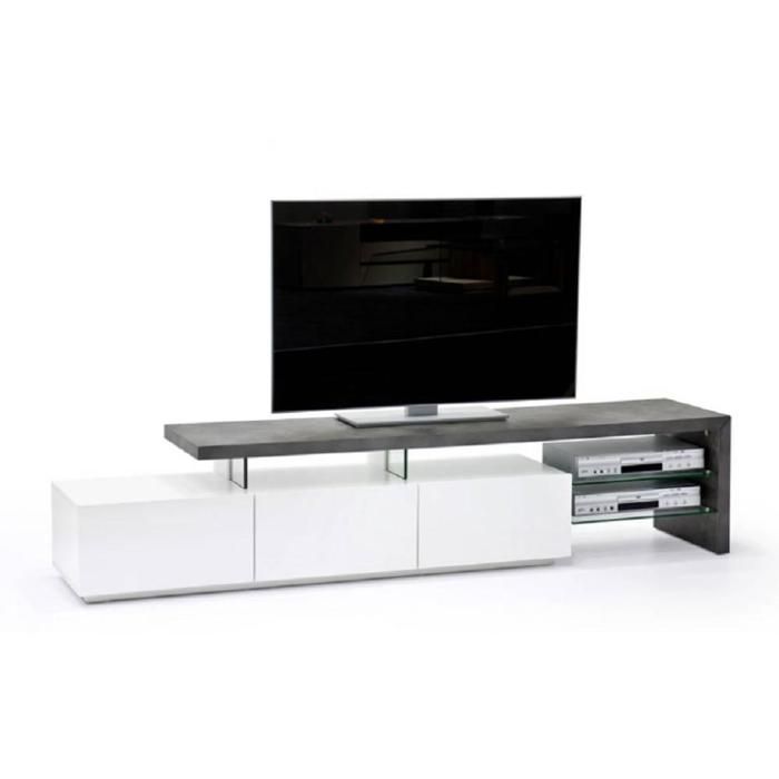 Meuble TV design ALRIK 3 tiroirs structure laquée blanc mat plateau décor béton blanc Bois Inside75