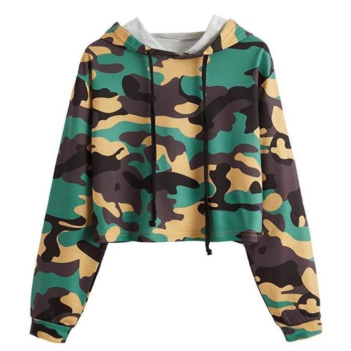 Sweat-shirt à capuche à manches longues et imprimé camouflage avec cordon de serrage pour femmes vert