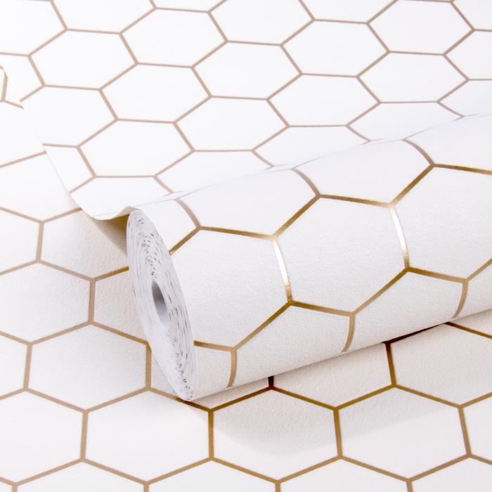 Papier peint intissé Hexagone Geo Blanc Cuivre Or 10m x 52cm WOW