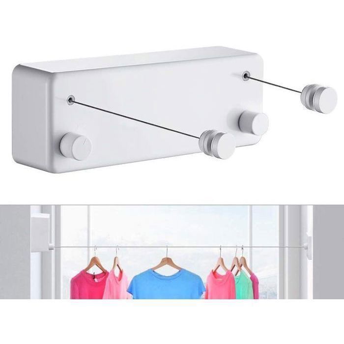 Corde à linge rétractable pour intérieur et extérieur 2 fils à linge de 4 2 m en acier inoxydable fixation murale - Blanc