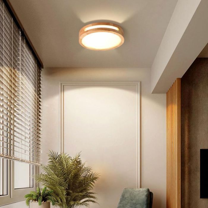 WOTTES Plafonnier LED en bois 30CM Rond Plafonnier LED Salon Blanc neutre Plafonnier en chêne Rond Lampe en bois pour balcon