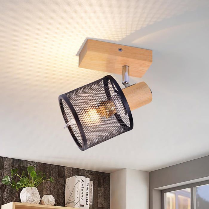 Homefire Spot plafond 1 ampoule plafonnier noir plafonnier E14 spot mural orientable lampe cuisine vintage spot plafond bois LED