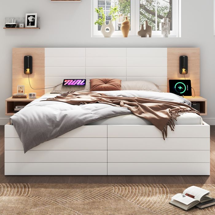 Lit Double Moderne 180x200cm En Bois Avec 2 Tiroirs - Tête De Lit LED Et USB - 2 Tables De Chevet Incluses Chêne+Blanc(sans Lit Double Moderne 180x200cm En Bois Avec 2 Tiroirs - Tête De Lit LED Et USB - 2 Tables De Chevet Incluses Chêne+Blanc(sans