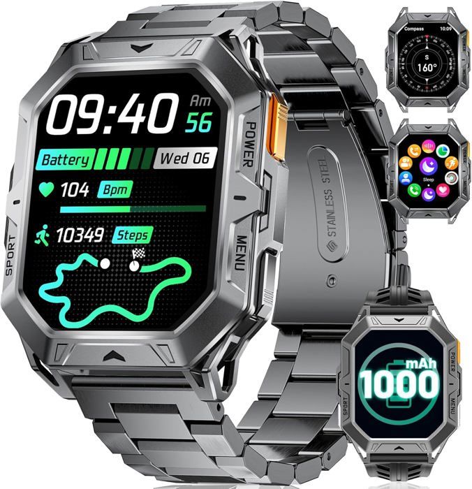 Montre Connectée Homme Militaire 1000Mah Batterie/Boussole/Baromètre 2.13 Amoled Smartwatch Homme Avec Appel Bluetooth 24/7 Fré