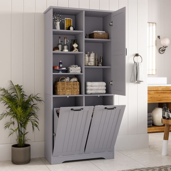 Meuble Armoire Colonne Salle de Bain de Rangement -78 x 35 x 172 cm -résistante à lhumidité avec 2 panier à linge gris