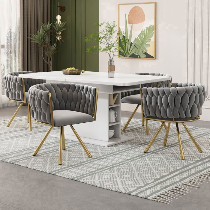 Lot de 4 Chaise de Salle à Manger Pivotante - Velours Gris - Fauteuil de Repas - Assise Rembourrée - Pieds Métal Doré Lot de 4 Chaise de Salle à Manger Pivotante - Velours Gris - Fauteuil de Repas - Assise Rembourrée - Pieds Métal Doré