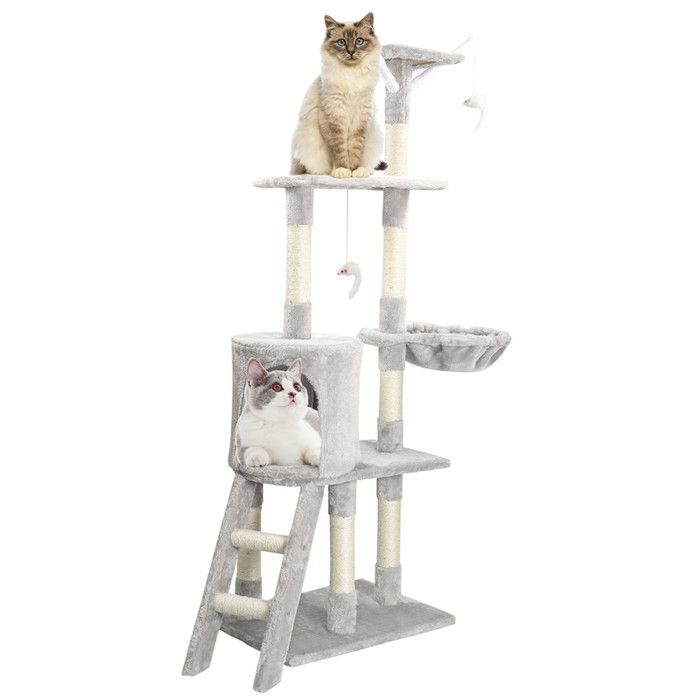 Meilleurs prix pour UKING-Arbre à chat 79 x 34 x 143 cm - 3 plateformes 1 perchoir 1 niche 1 escalier poteaux à griffer - Gris Clair