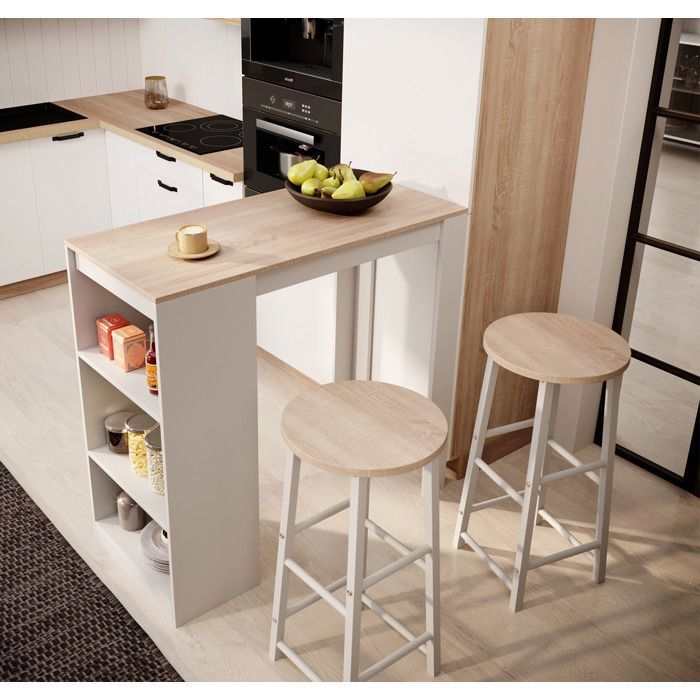 Table haute de bar avec deux tabourets 110x103x50 cm Blanc et Sonoma mat Table de cuisine avec 3 étagères Modèle Kyra Table haute de bar avec deux tabourets 110x103x50 cm Blanc et Sonoma mat Table de cuisine avec 3 étagères Modèle Kyra