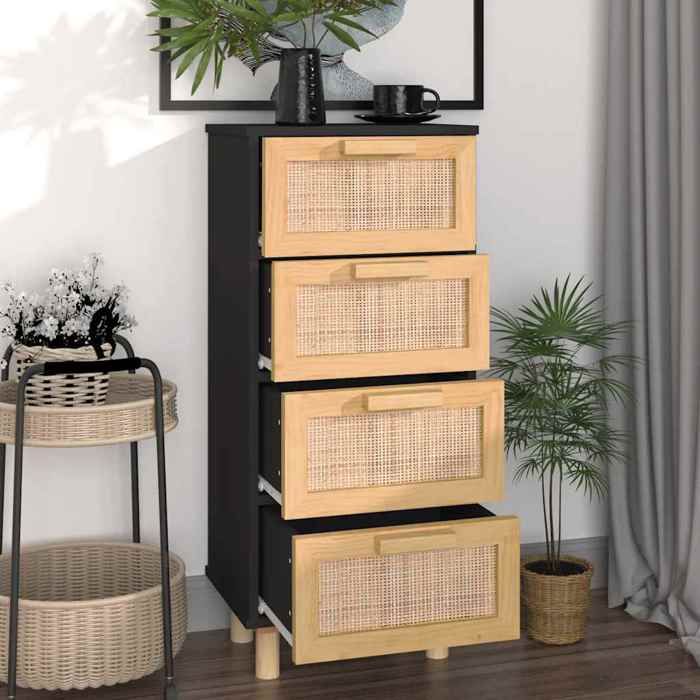 MGH - TOP Buffet de rangement - Cabinet/Commode Bois - Noir 40x30x90 cm - Bois de pin massif et rotin naturel LV953