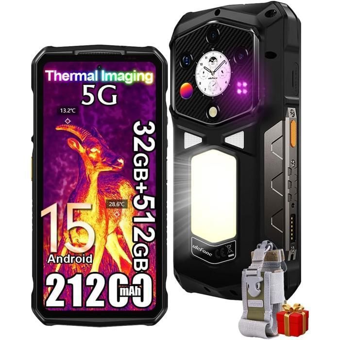 Ulefone Armor 29 Pro 5G Téléphone Portable Imagerie Thermique 32GO+512GO 6.67 21200mAh 64MP Smartphone Incassable Android 15 Noir