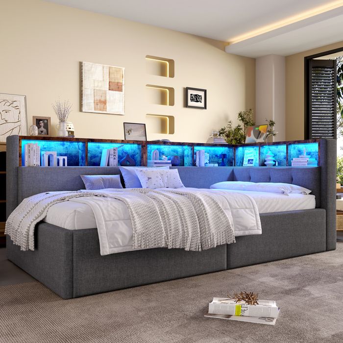 Canapé-lit coffre 90x200 cm - Avec ports USB + Type-C - Multiples rangements - Avec LED - Gris (matelas non inclus) Canapé-lit coffre 90x200 cm - Avec ports USB + Type-C - Multiples rangements - Avec LED - Gris (matelas non inclus)