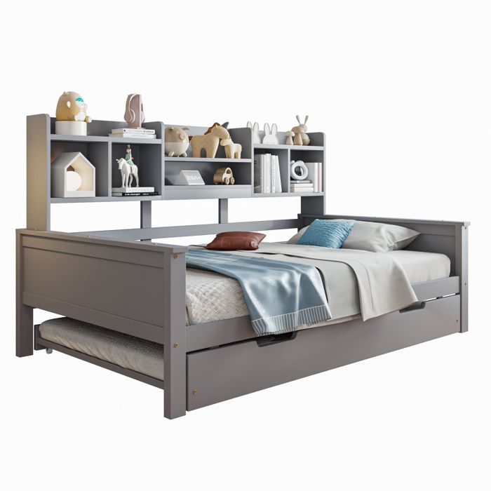 Lit gigogne 90x200 cm simple avec étagères rangement sommier à lattes bois gris Sans matelas
